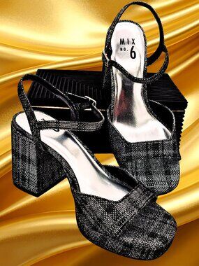 Mix No 6 Black Glitter Platform Heels Ankle Strap Block Heel Sandals Size 8.5